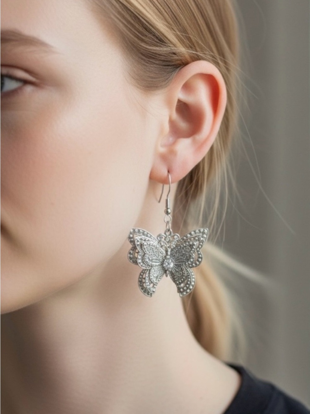 Silvertone Butterfly Dangle Earrings